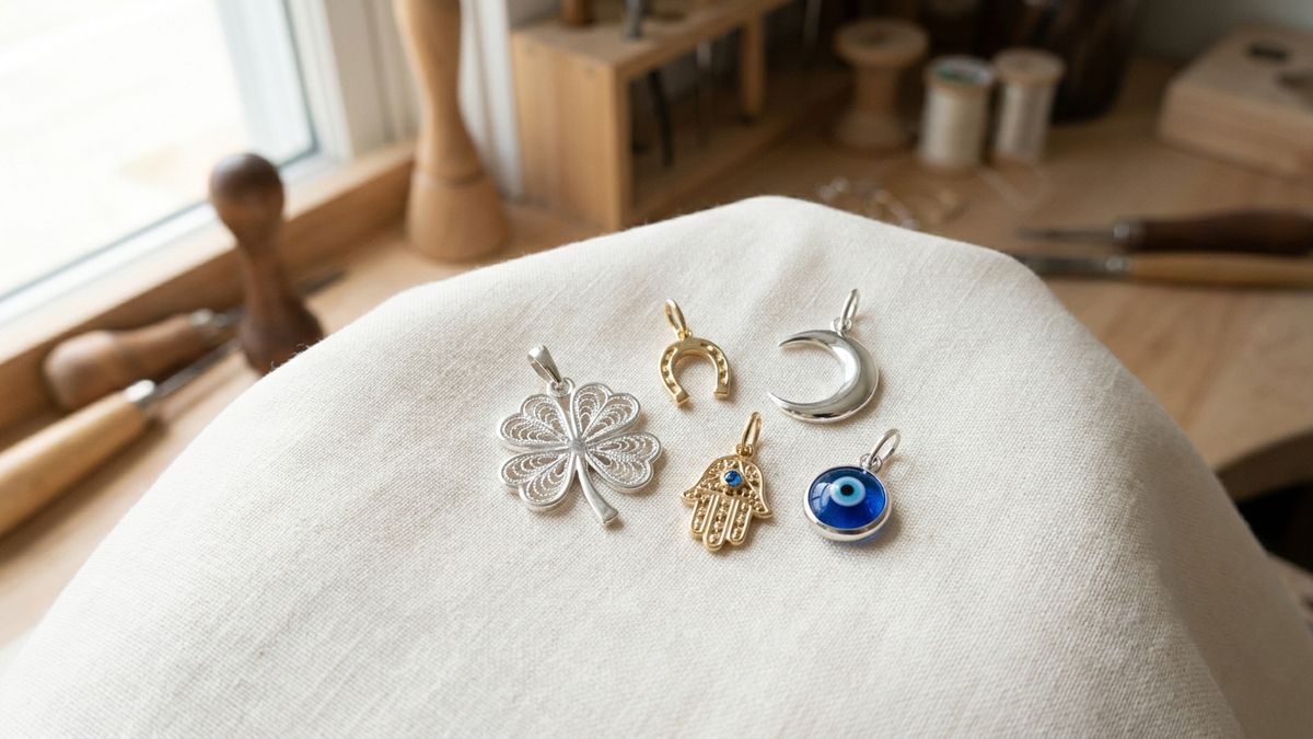 Cinco colgantes de amuletos de la suerte en plata y oro: trébol, herradura, media luna, mano de Fátima y ojo turco