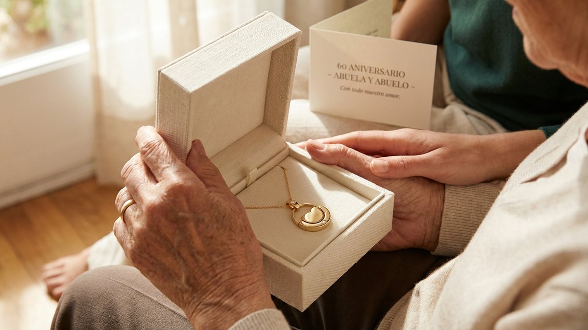 Manos de una abuela reciben un colgante con diamante como regalo de bodas de diamante por su 60 aniversario.