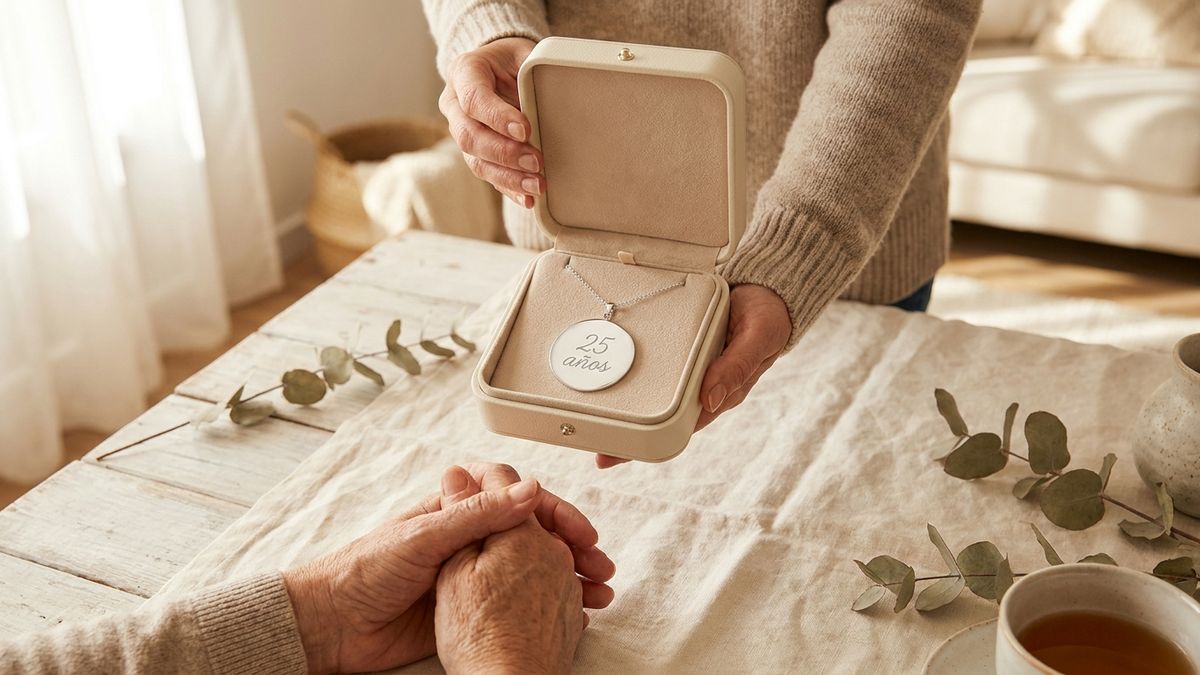 Colgante de plata grabado con 25 años dentro de un estuche, entregado como regalo de bodas de plata.