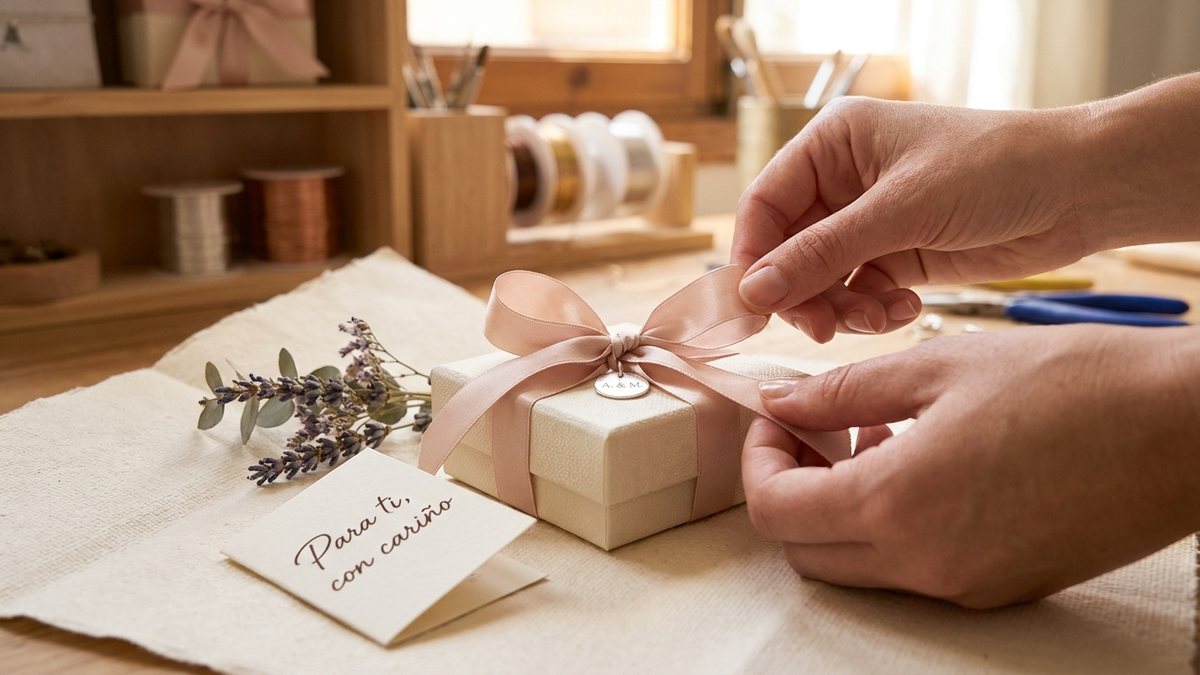 Manos envolviendo una joya para regalo y atando un lazo, con una nota en español, papel elegante