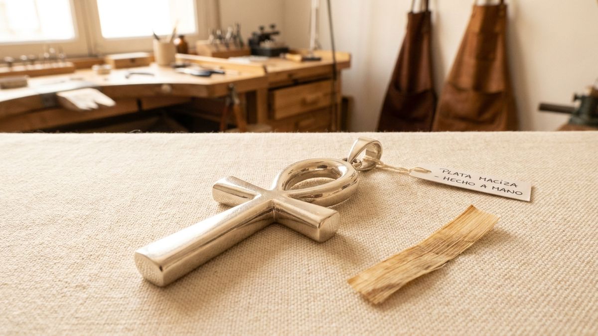 Colgante de plata con cruz egipcia ankh sobre lino crema, símbolo de vida con su característico lazo superior.