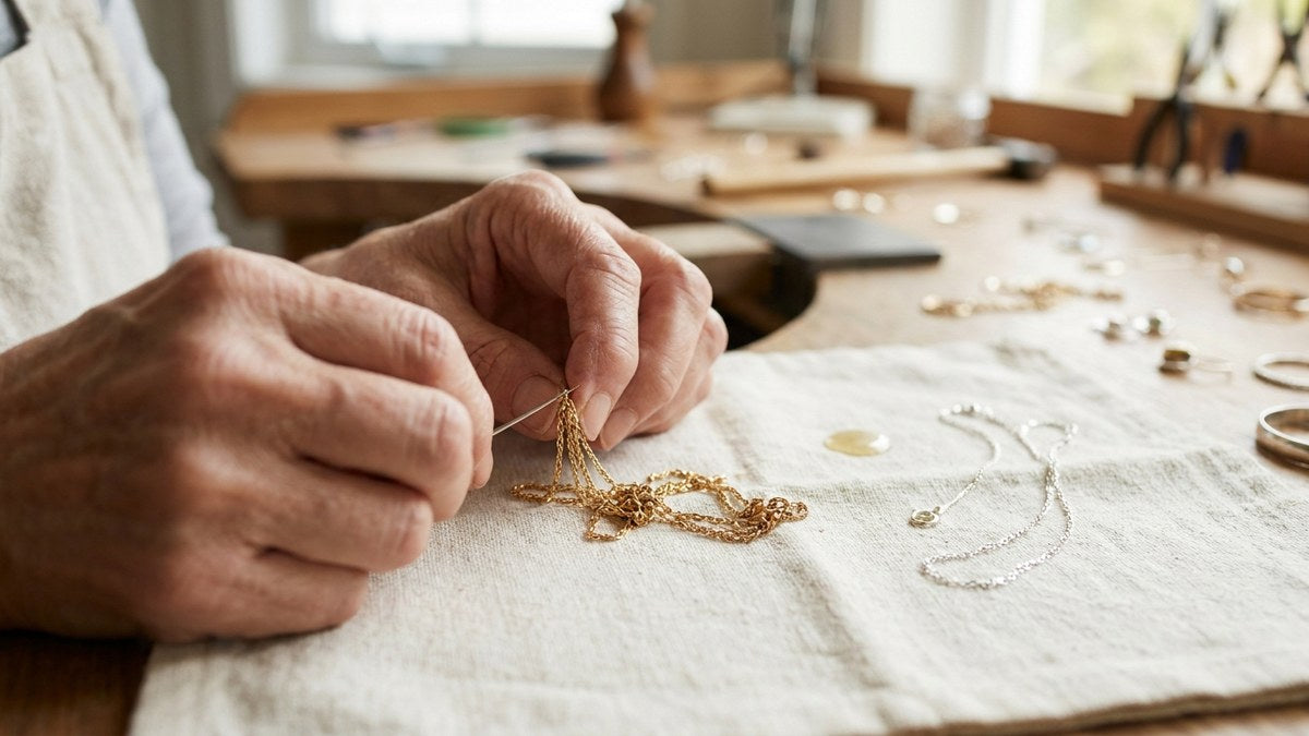 Manos desenredando con una aguja fina un nudo de una cadena de oro delicada sobre superficie clara