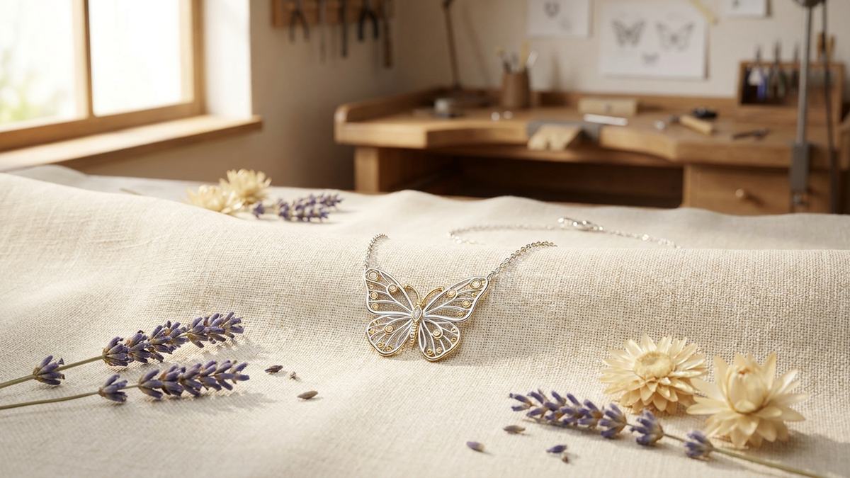 Colgante de mariposa en plata y oro sobre lino crema con flores secas, símbolo de transformación