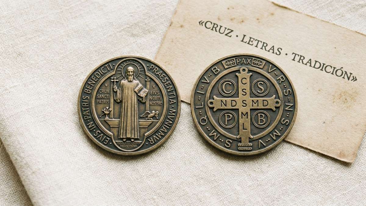 Medalla de San Benito con cruz y letras que explican su significado dentro de la tradición católica