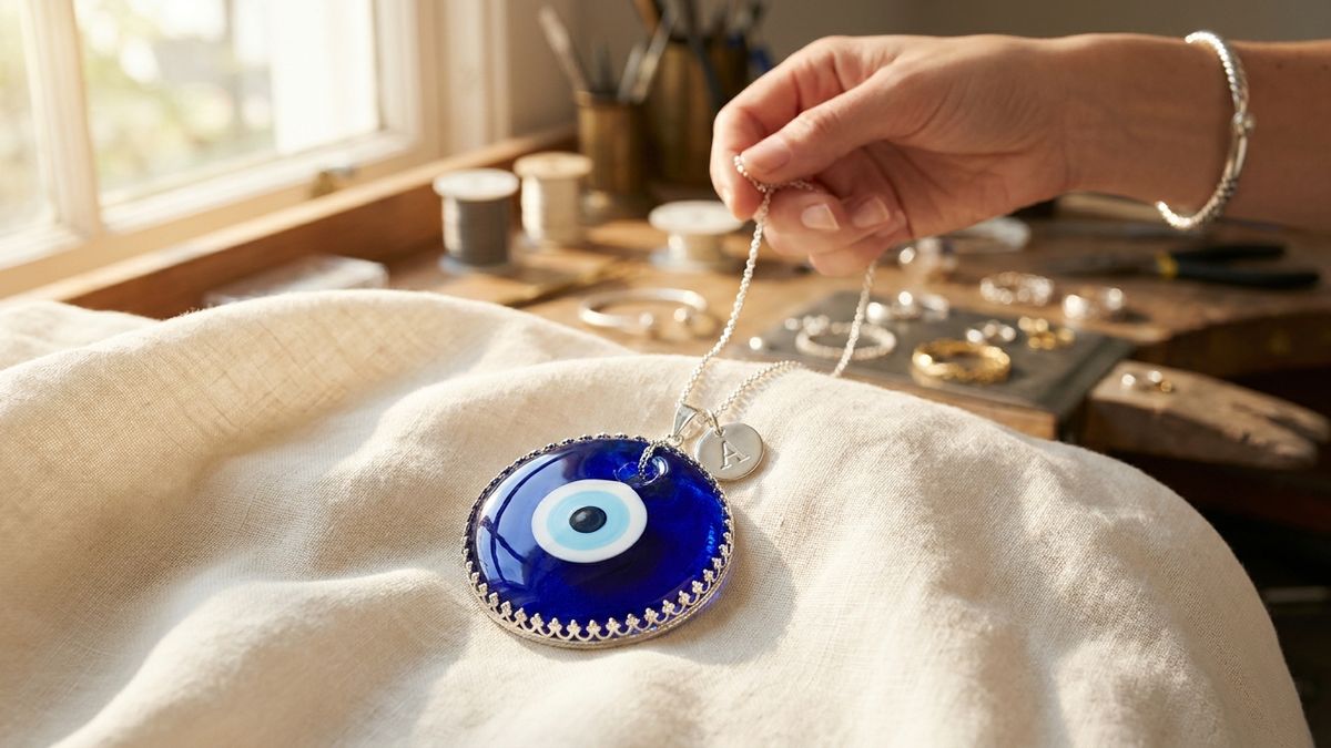 Amuleto ojo turco de cristal azul engarzado en colgante de plata sobre lino, significado de protección
