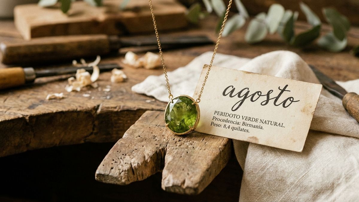 Peridoto verde en una joya junto a su identificación como piedra de agosto