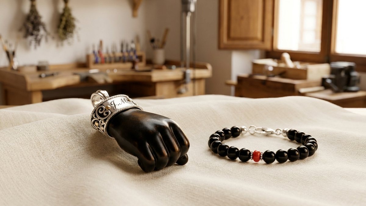 Amuleto de azabache negro con higa y pulsera de cuentas para bebé montado en plata de ley sobre lino crema