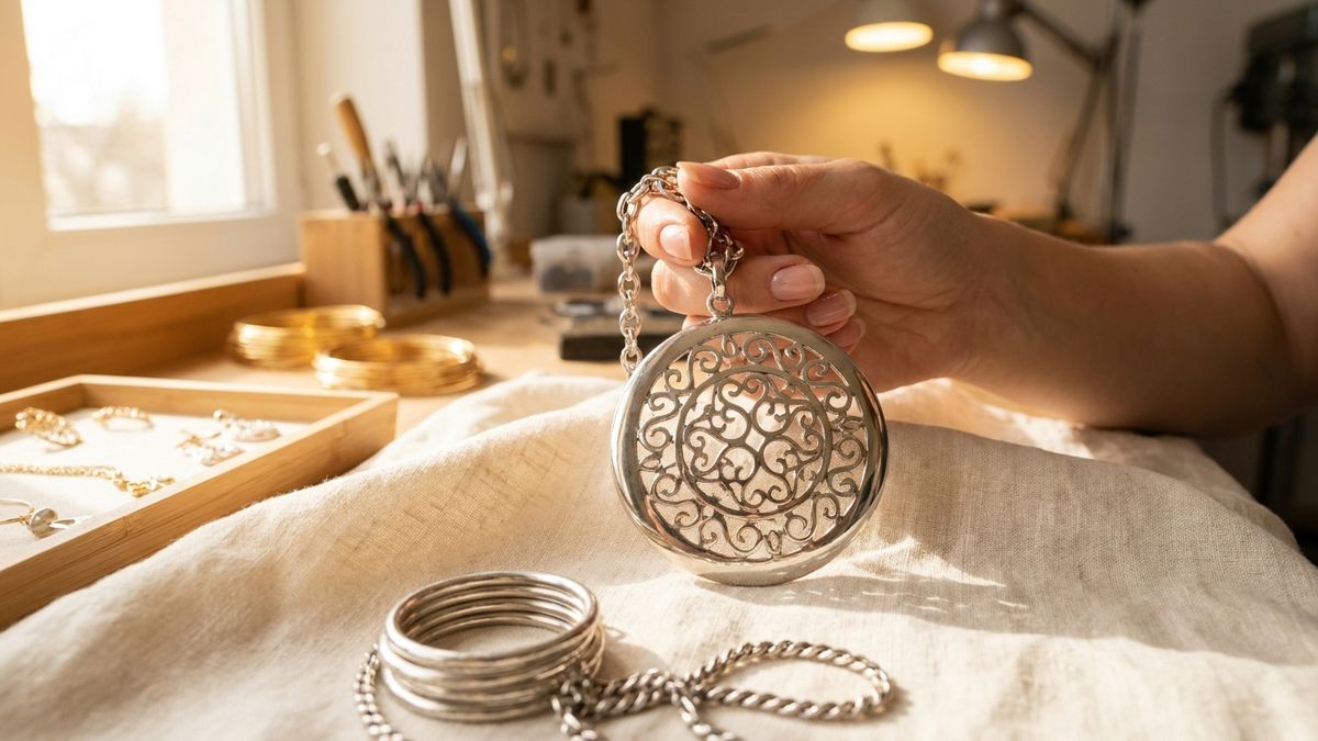 Mano sosteniendo un colgante de metal plateado de bisutería junto a anillos, ilustrando qué es el zamak en joyería