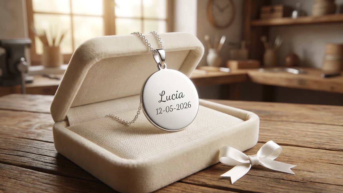 Medalla de bautizo de plata grabada con nombre y fecha sobre lino crema, regalo para un bautizo en caja