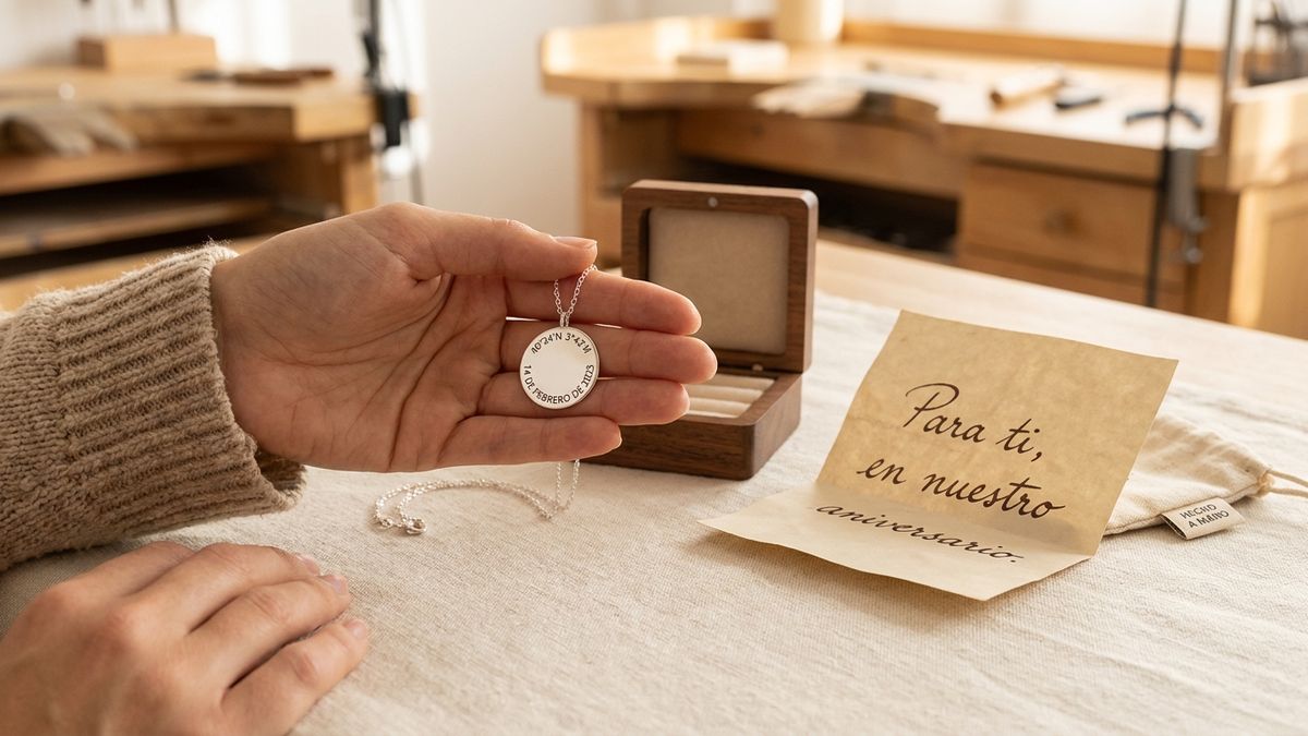 Manos sosteniendo un colgante de plata grabado con coordenadas y una nota en español, regalo aniversario mujer