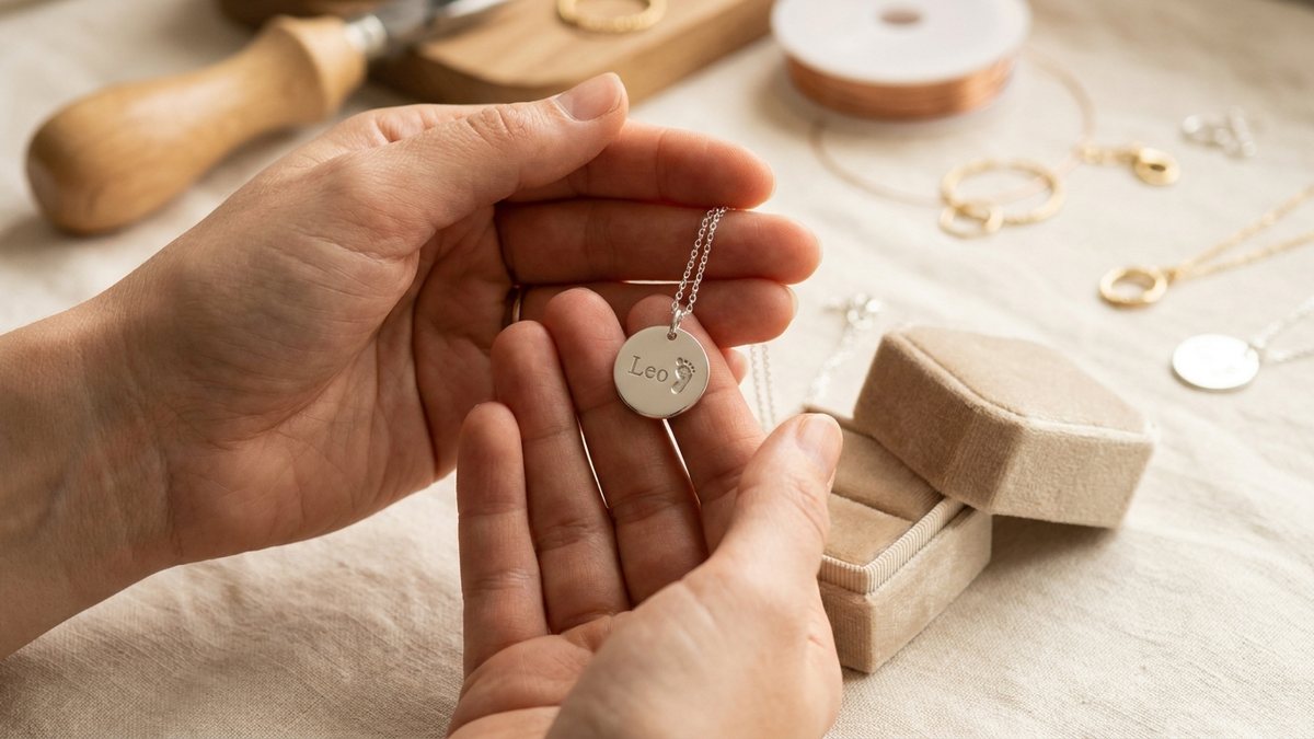 Medalla de plata personalizada con nombre y huella sobre lino crema, idea de regalo recién nacido