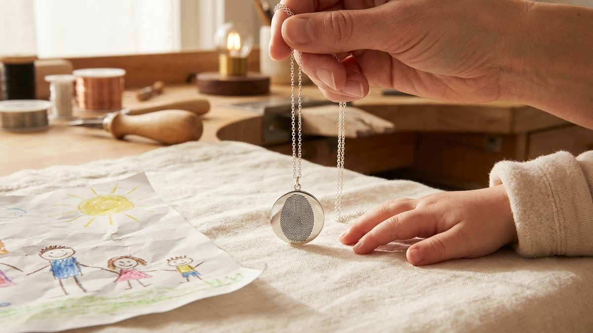 Colgante de plata grabado con la huella del peque junto a una mano infantil, regalo profesora infantil