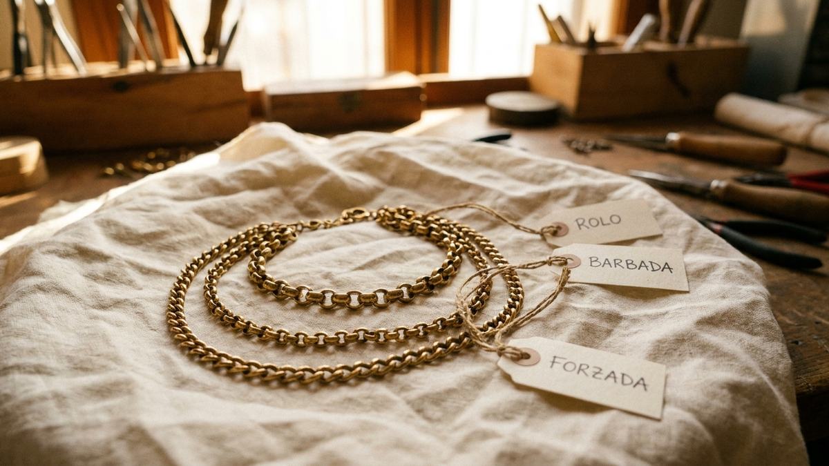 Tipos de cadenas de joyería comparados por forma de sus eslabones