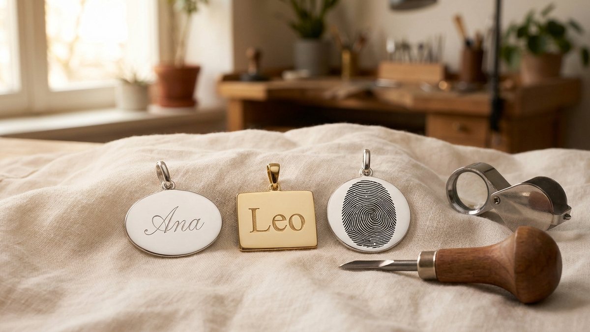Tres colgantes con distintos tipos de grabados para joyas personalizadas sobre lino crema, junto a una herramienta de grabado