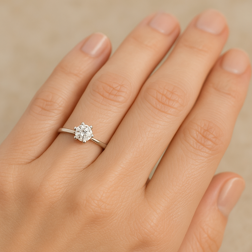 Anillo Solitario 0,50 ct D-VVS de 6 Grapas en Oro Blanco 9K con Nombre Grabado puesto en la mano