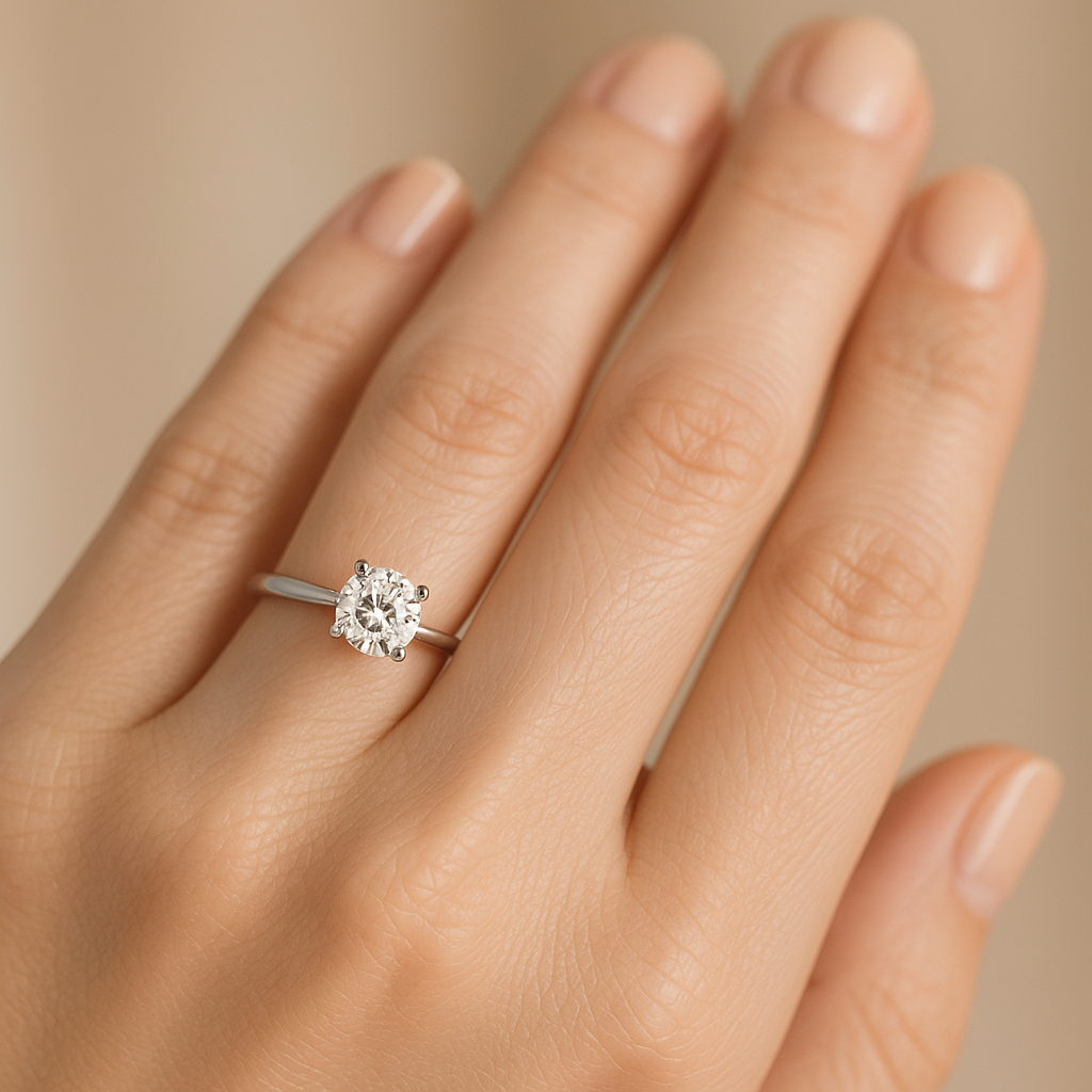 Anillo Solitario 0,50 ct D-VVS de 4 Grapas en Oro Blanco 9K con Nombre Grabado puesto en la mano
