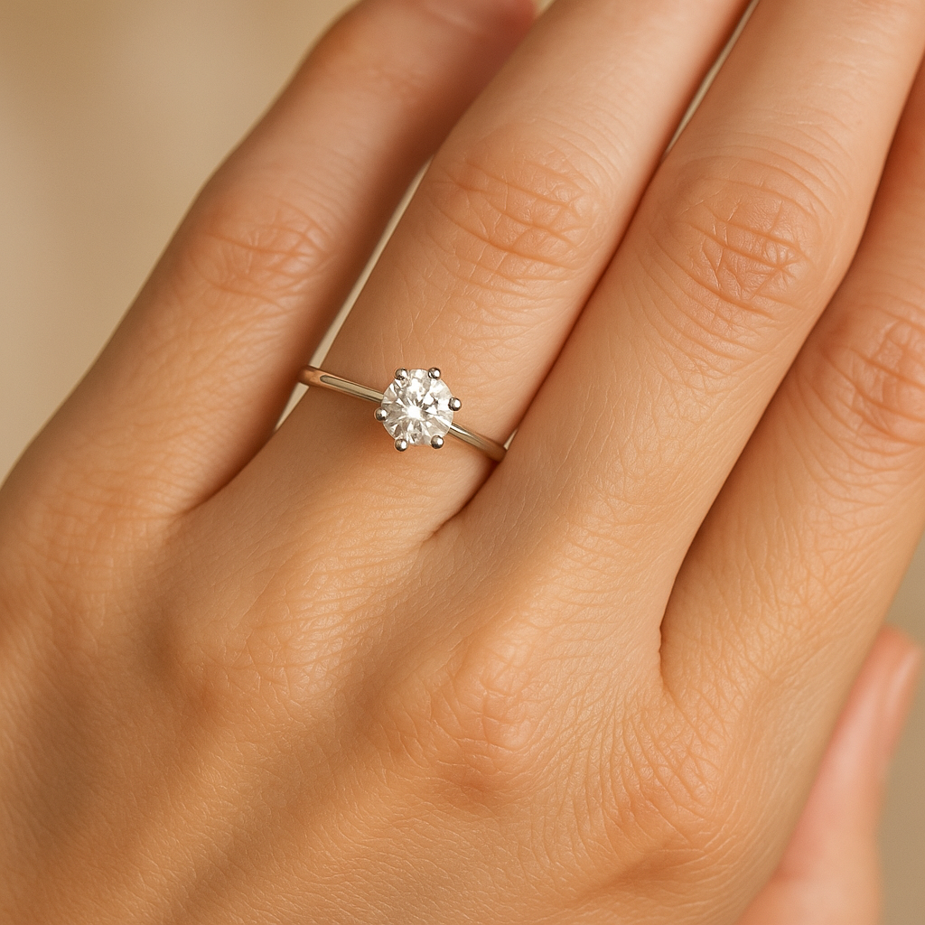 Anillo Solitario de Oro Blanco Personalizado puesto en la mano
