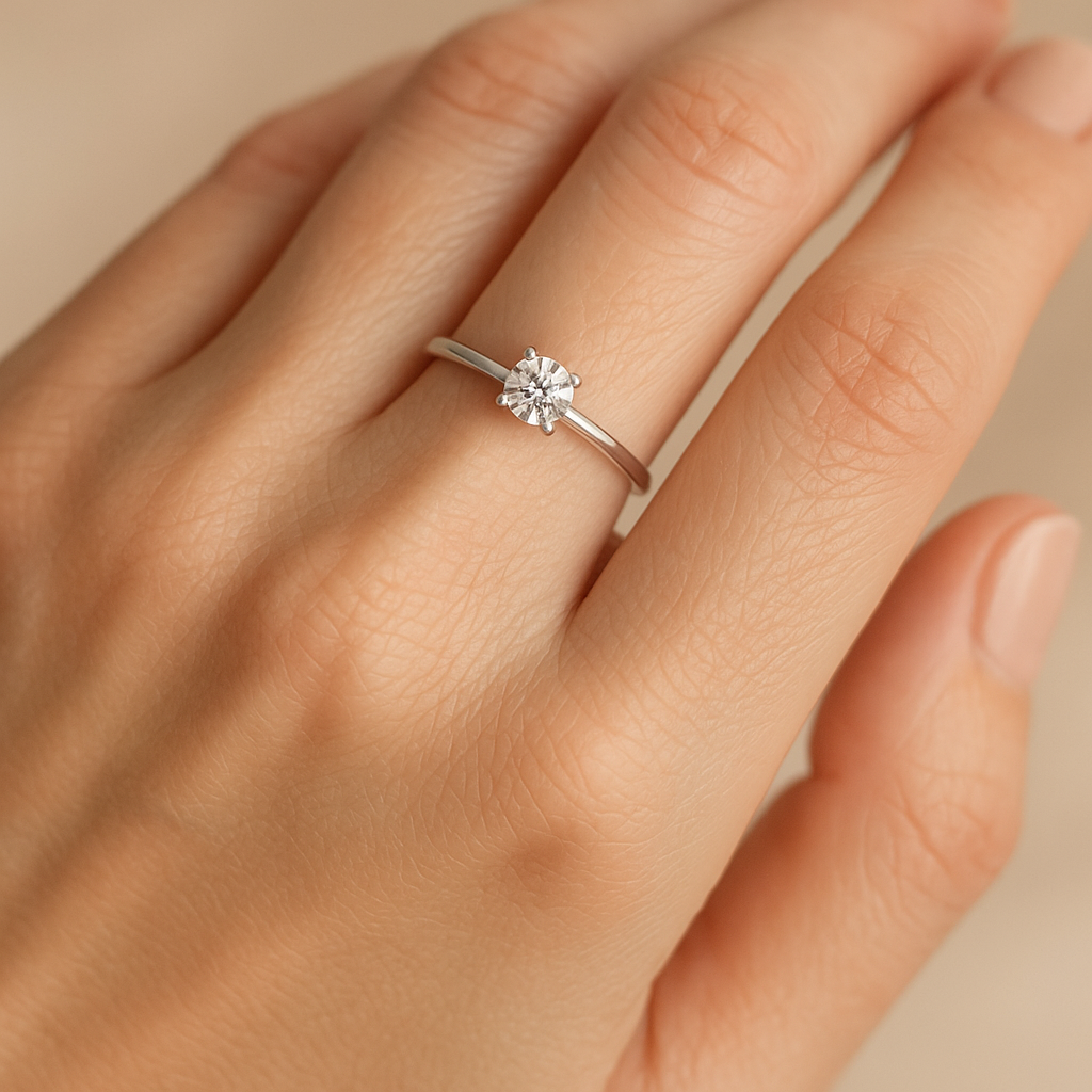 Anillo Solitario de Platino 950 Foru 0,30 ct con Diamante puesto en la mano