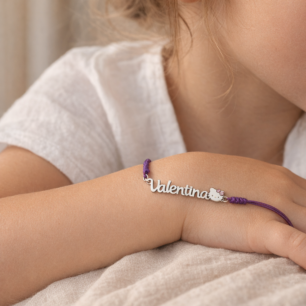 Pulsera Kitty Macramé de Plata 925 con Nombre Grabado - joya puesta | Customima