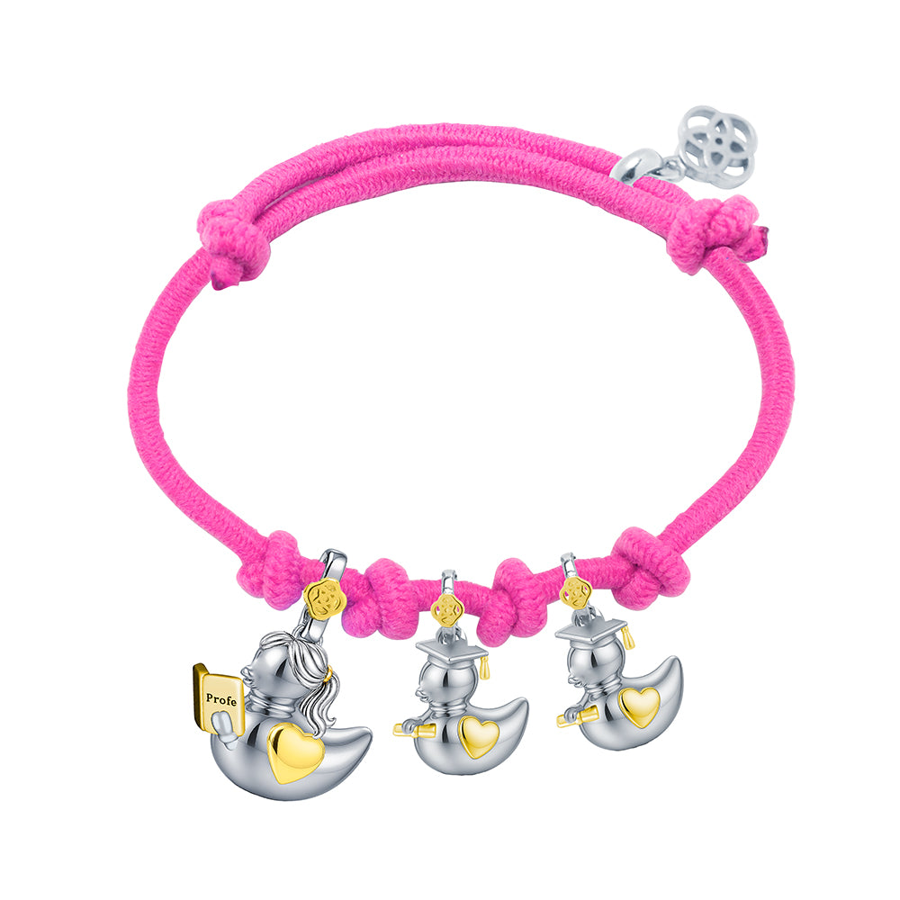 Pulsera Profe Patitos Graduados de Plata 925 con Nombre Grabado