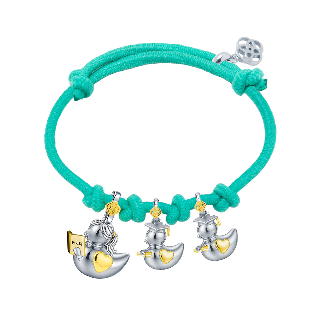 Pulsera Profe Patitos Graduados de Plata 925 con Nombre Grabado