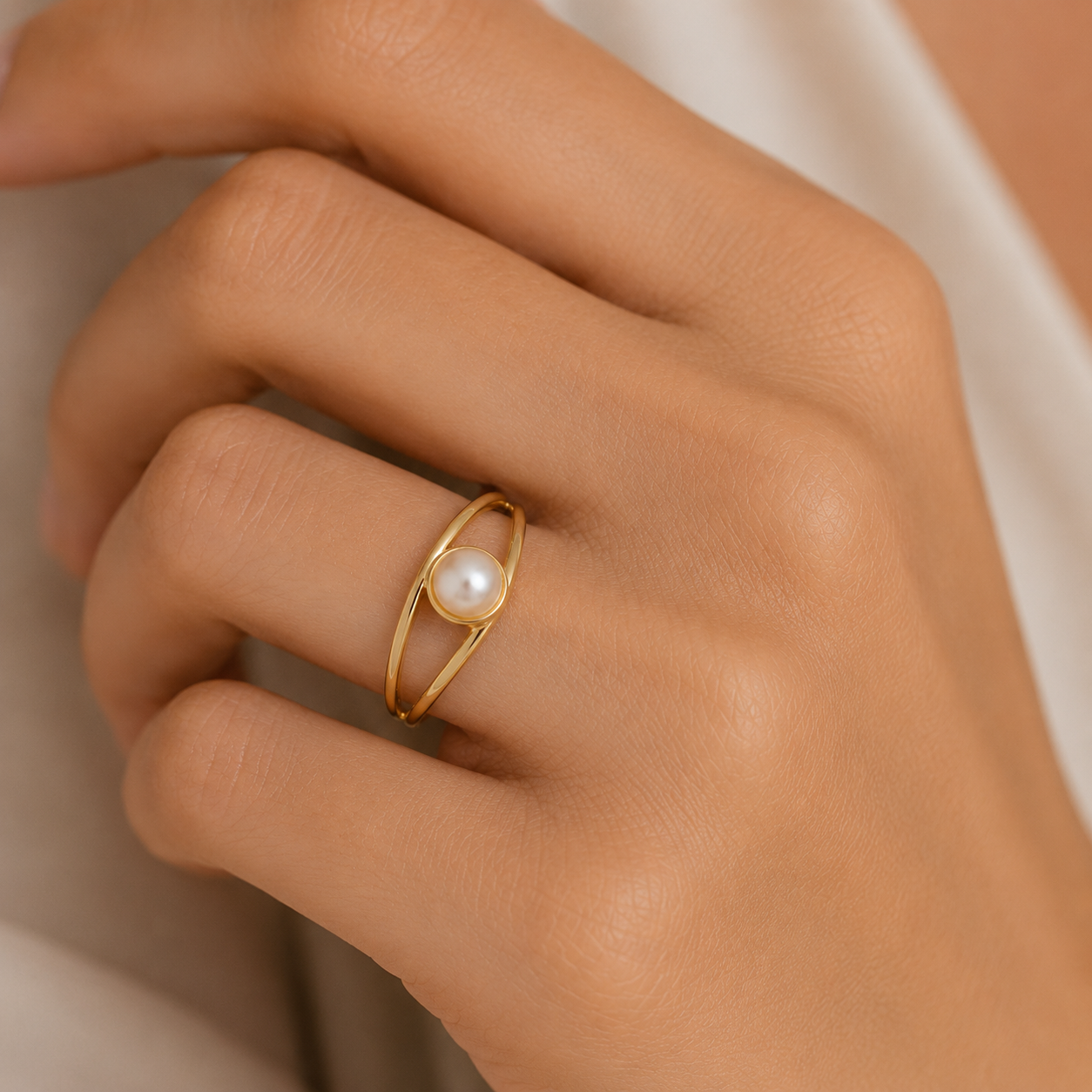 Anillo Bandas de Oro 9K con Perla Central