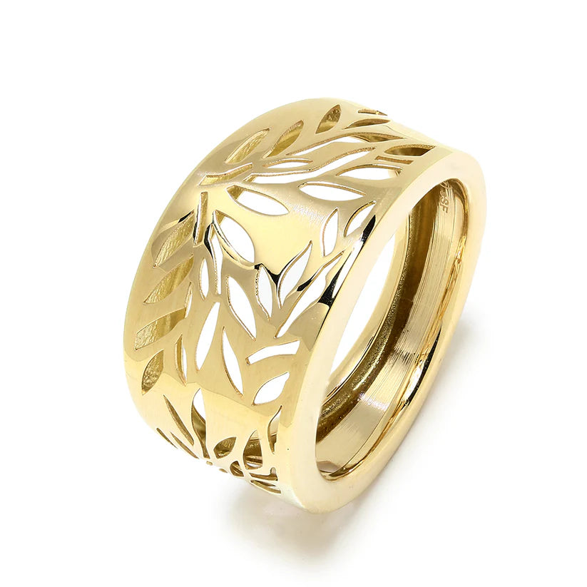 Anillo Ancho de Oro 18K para Mujer con Hojas