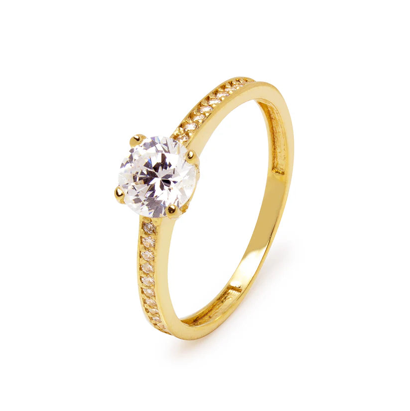 Anillo Solitario Americano de Oro 18K con Circonitas