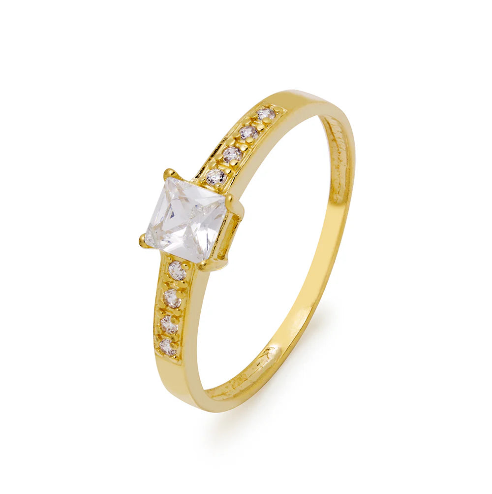 Anillo Solitario Americano de Oro con Circonita