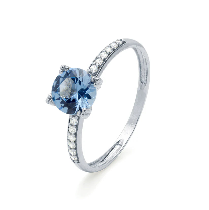 Anillo Solitario Americano Circonita Aguamarina Oro