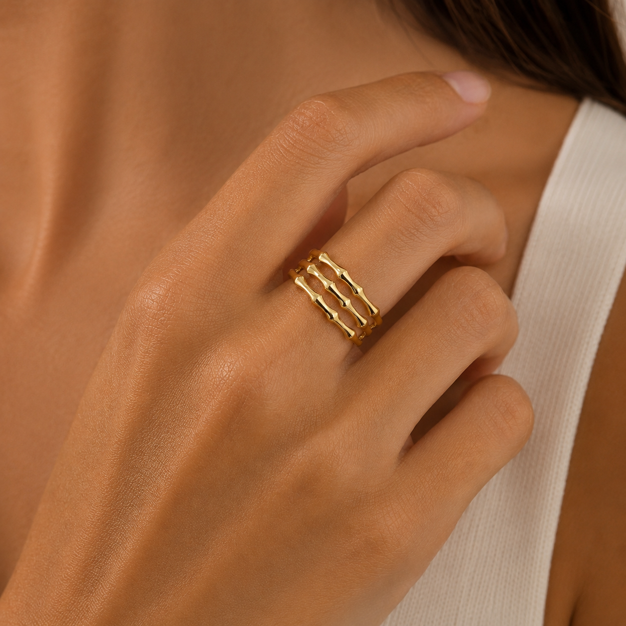 Anillo 3 Ramas de Bambú de Oro 9K