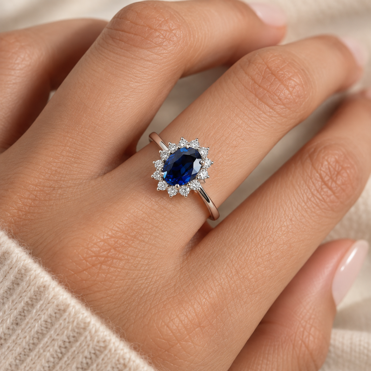 Anillo de zafiro azul con halo de diamantes en oro blanco puesto en la mano visto de cerca