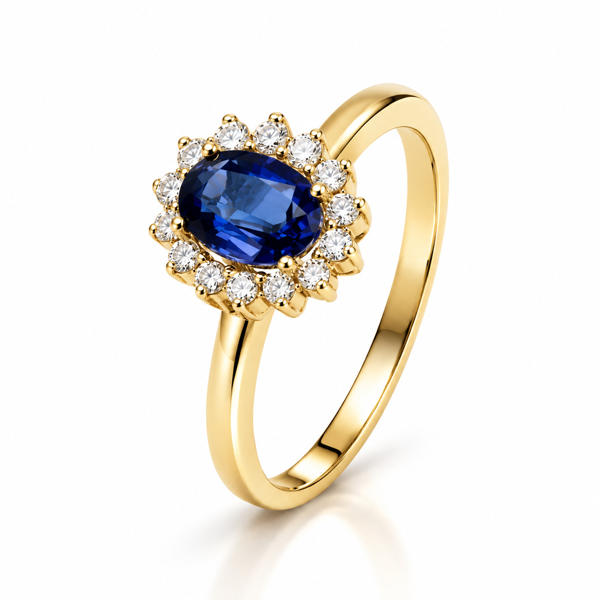 Anillo de zafiro azul con halo de diamantes en oro blanco desde otro ángulo