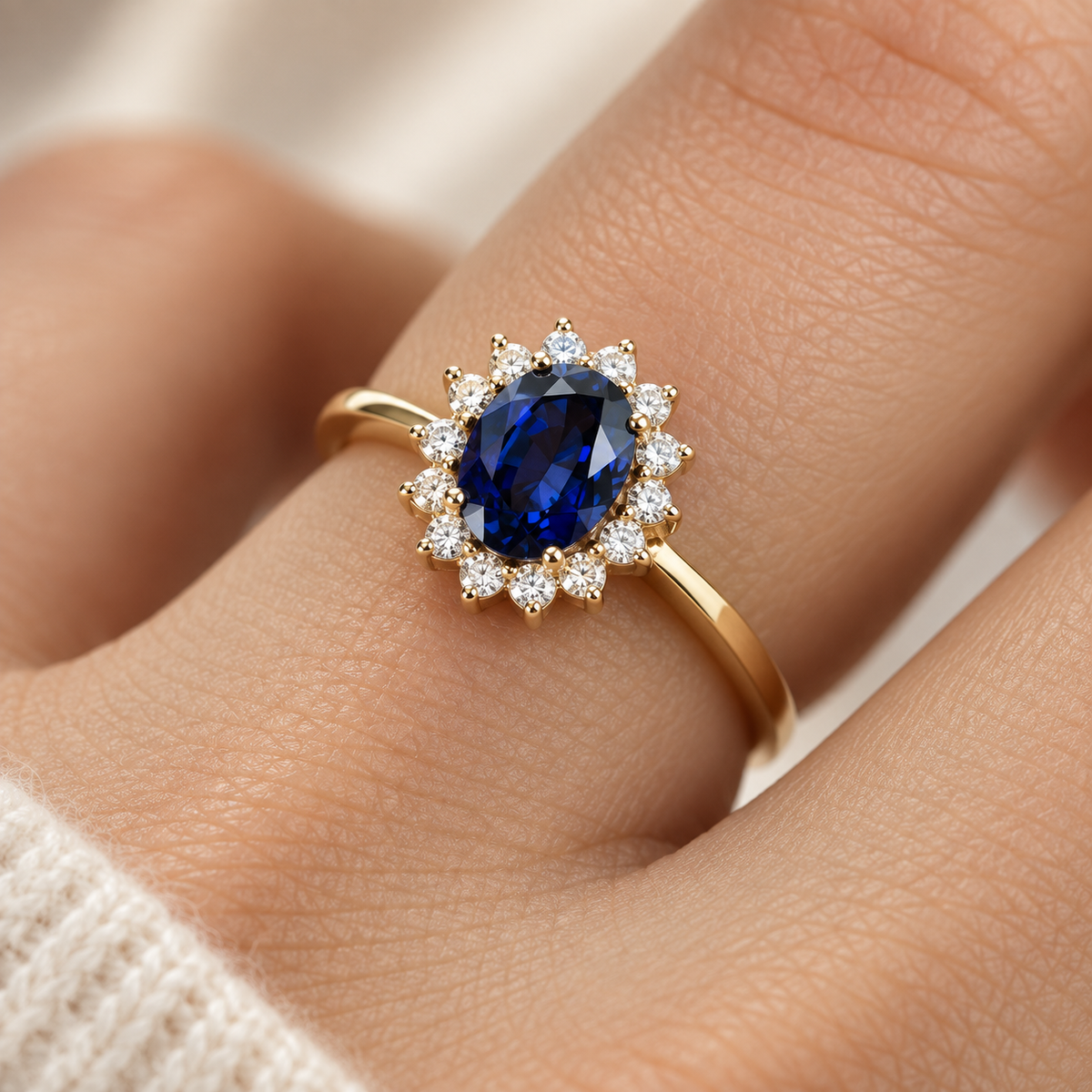 Anillo de zafiro azul con halo de diamantes en oro blanco puesto en la mano en otra toma
