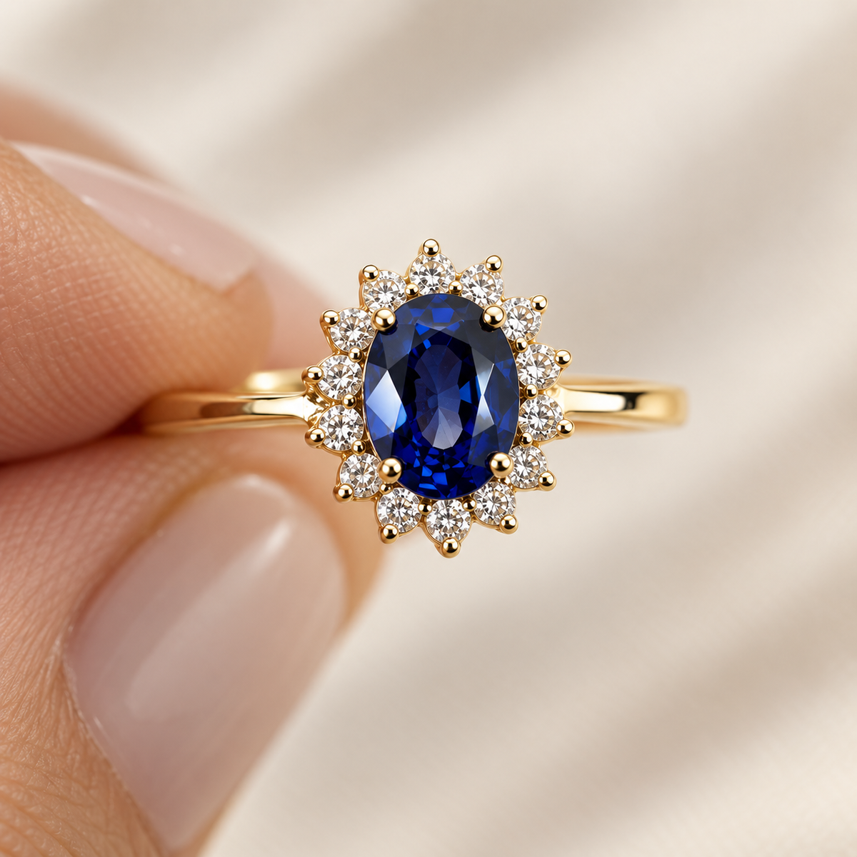 Anillo de zafiro azul con halo de diamantes en oro blanco visto de cerca