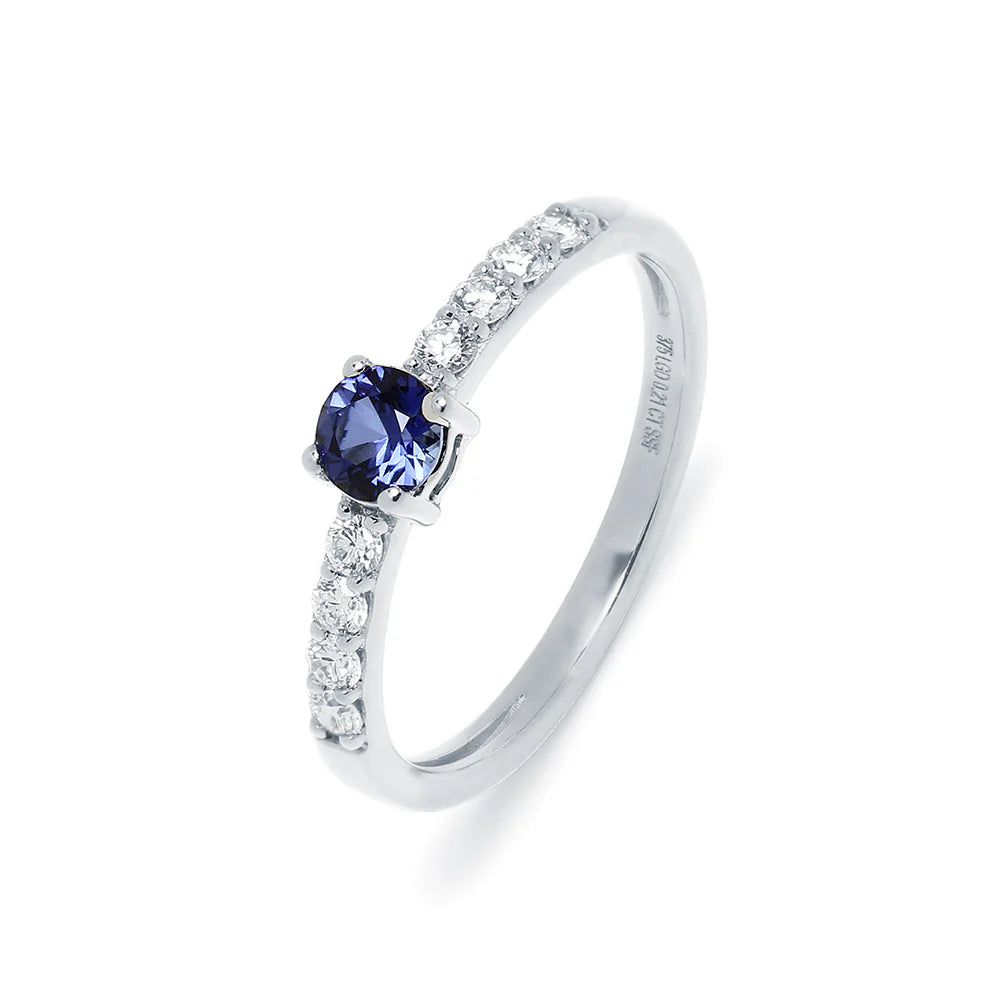 Anillo de Oro Blanco 9K con Zafiro y Brillantes para Mujer