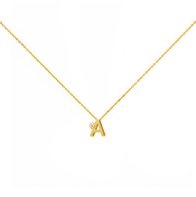 Collar Diamante Bisel de Oro 9K con Inicial Grabada