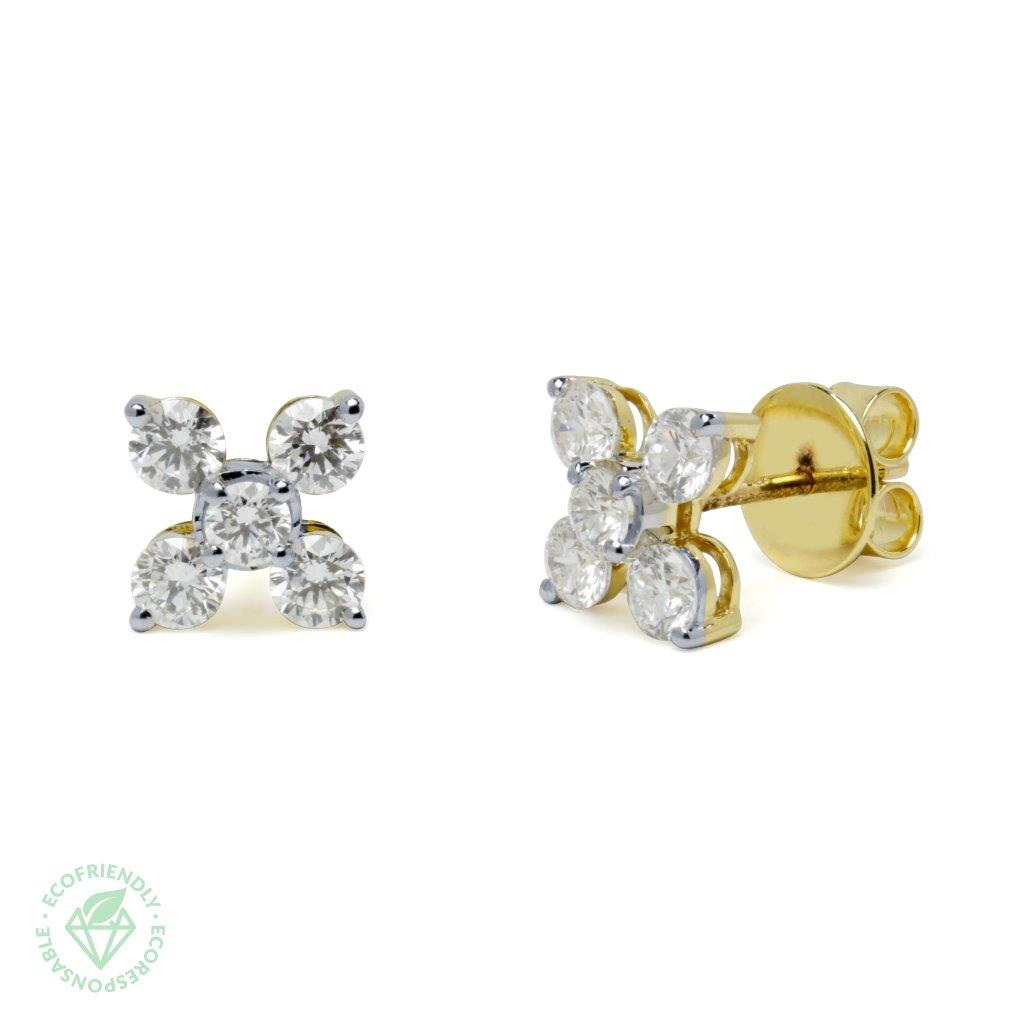 Aretes Flor con Diamante de Laboratorio en Oro 9k