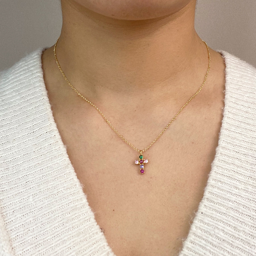 Collar Cruz de Plata 925 con Circonitas de Color