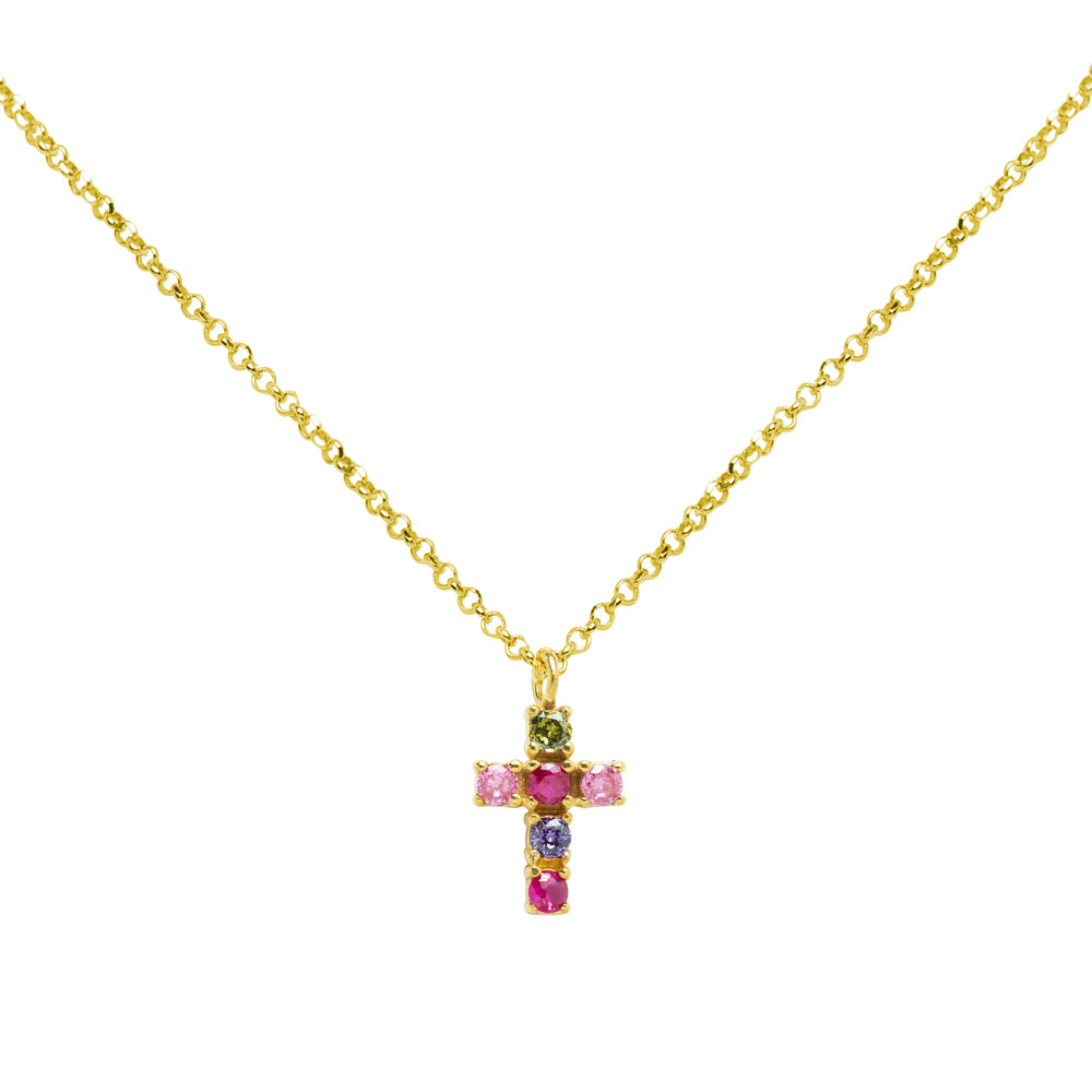 Collar Cruz de Plata 925 con Circonitas de Color