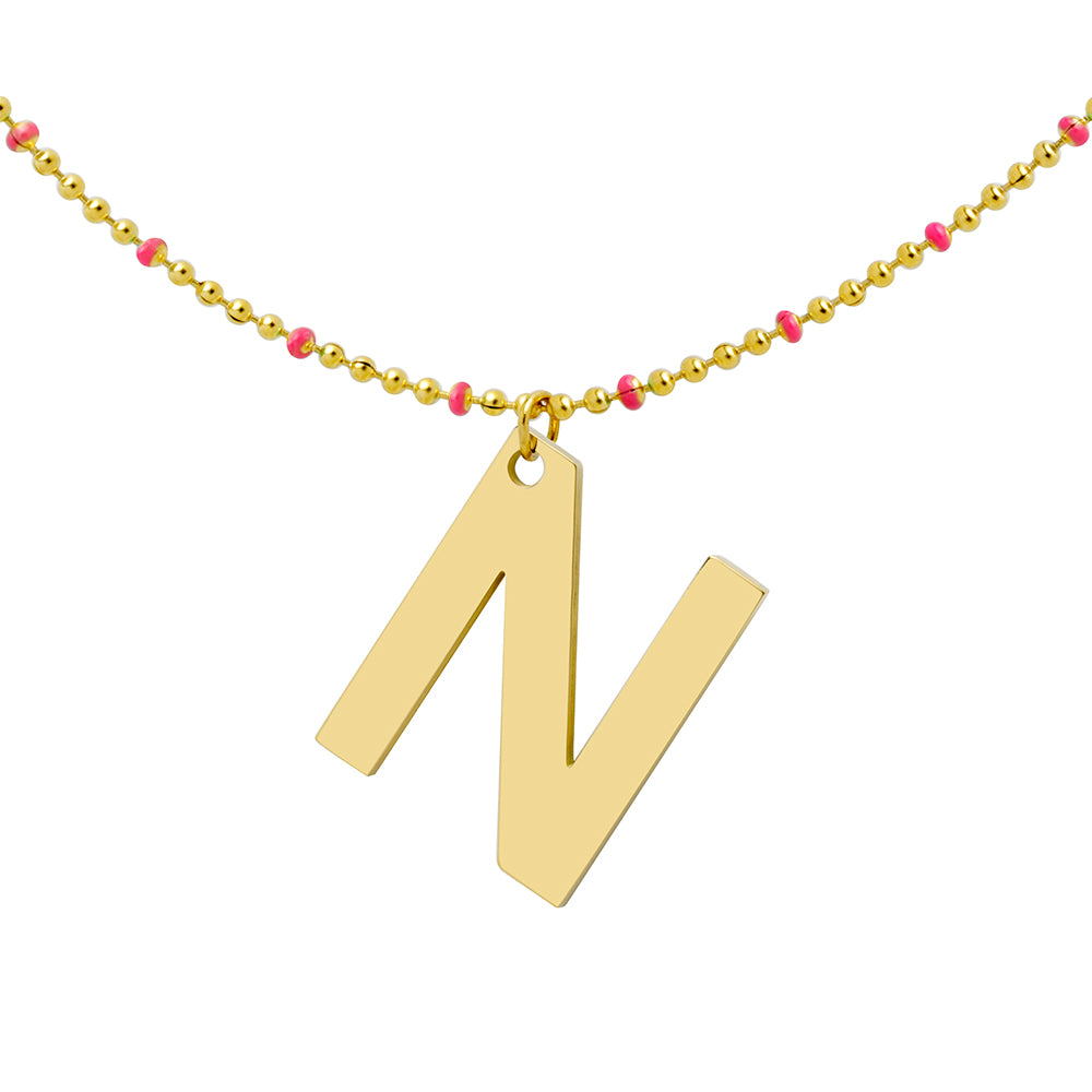 Collar Bolitas Coral de Acero con Inicial Grabada