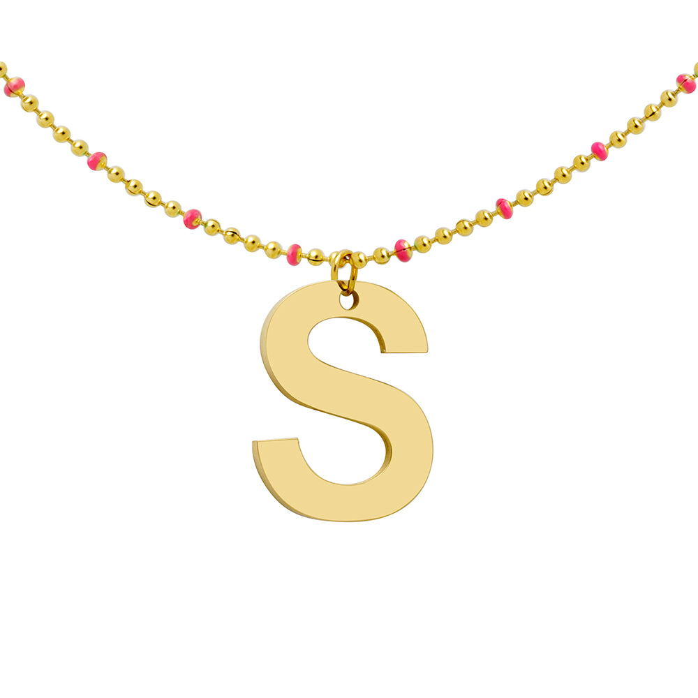 Collar Bolitas Coral de Acero con Inicial Grabada