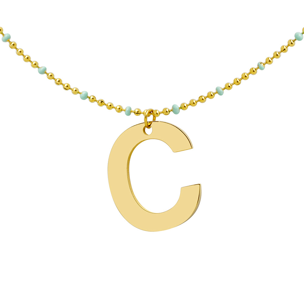 Collar Bolitas Turquesa de Acero con Inicial Grabada