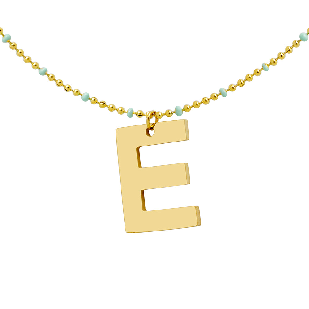 Collar Bolitas Turquesa de Acero con Inicial Grabada