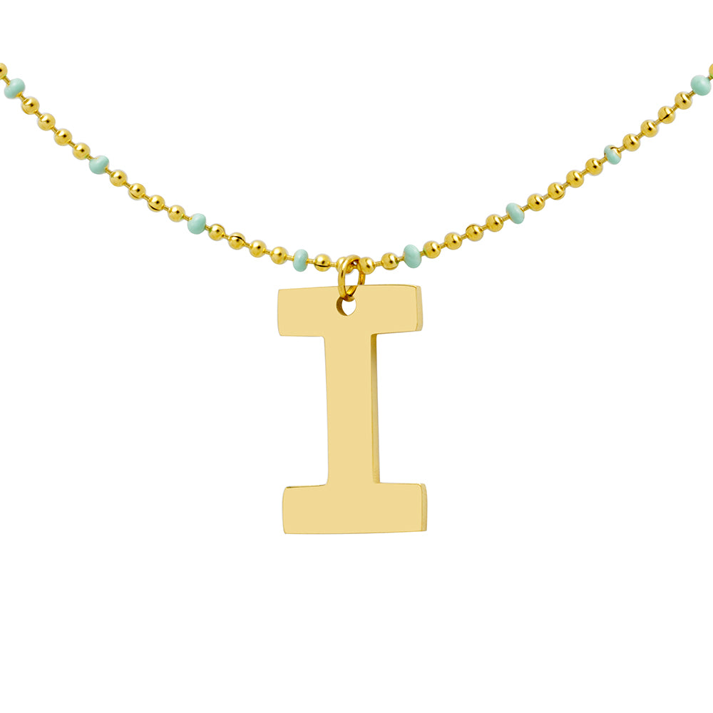 Collar Bolitas Turquesa de Acero con Inicial Grabada