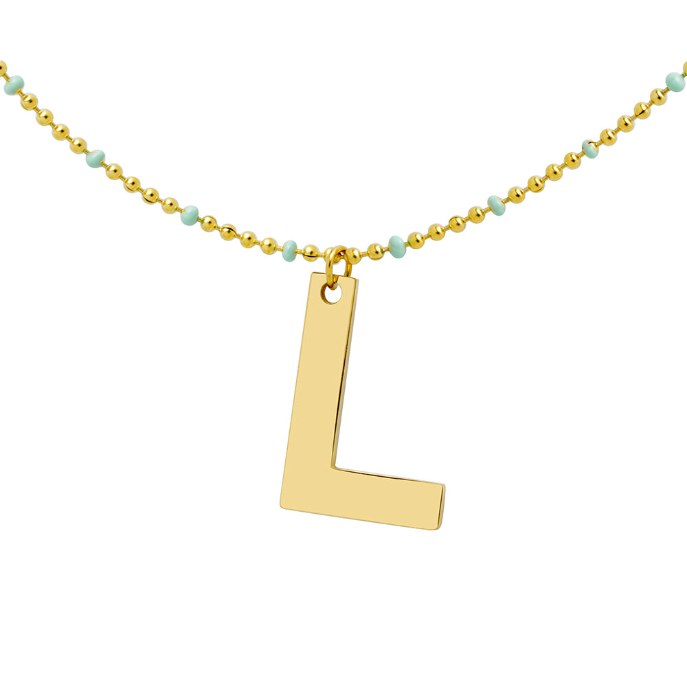 Collar Bolitas Turquesa de Acero con Inicial Grabada