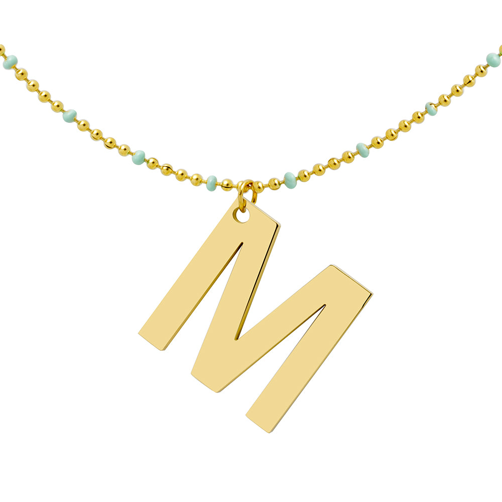 Collar Bolitas Turquesa de Acero con Inicial Grabada