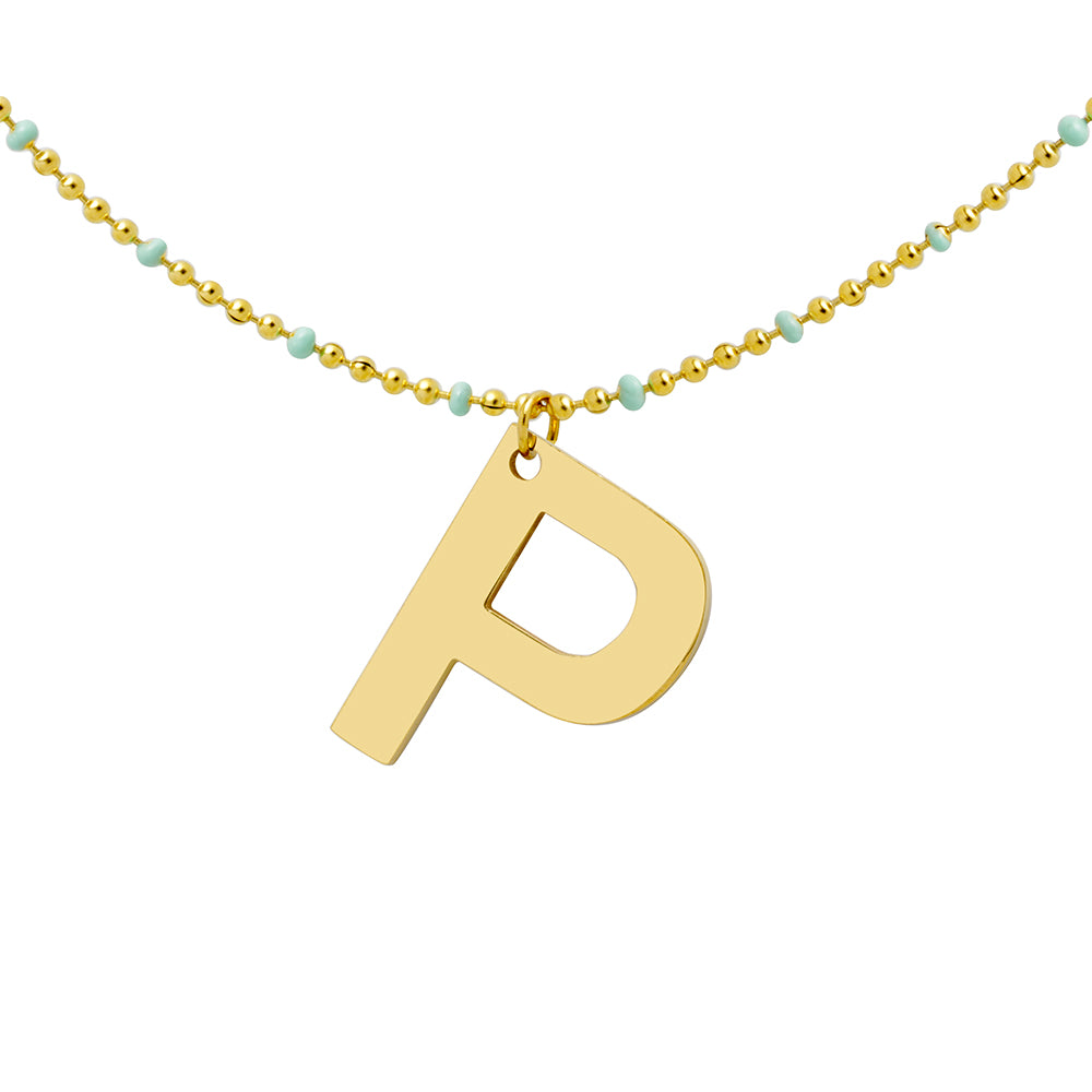 Collar Bolitas Turquesa de Acero con Inicial Grabada