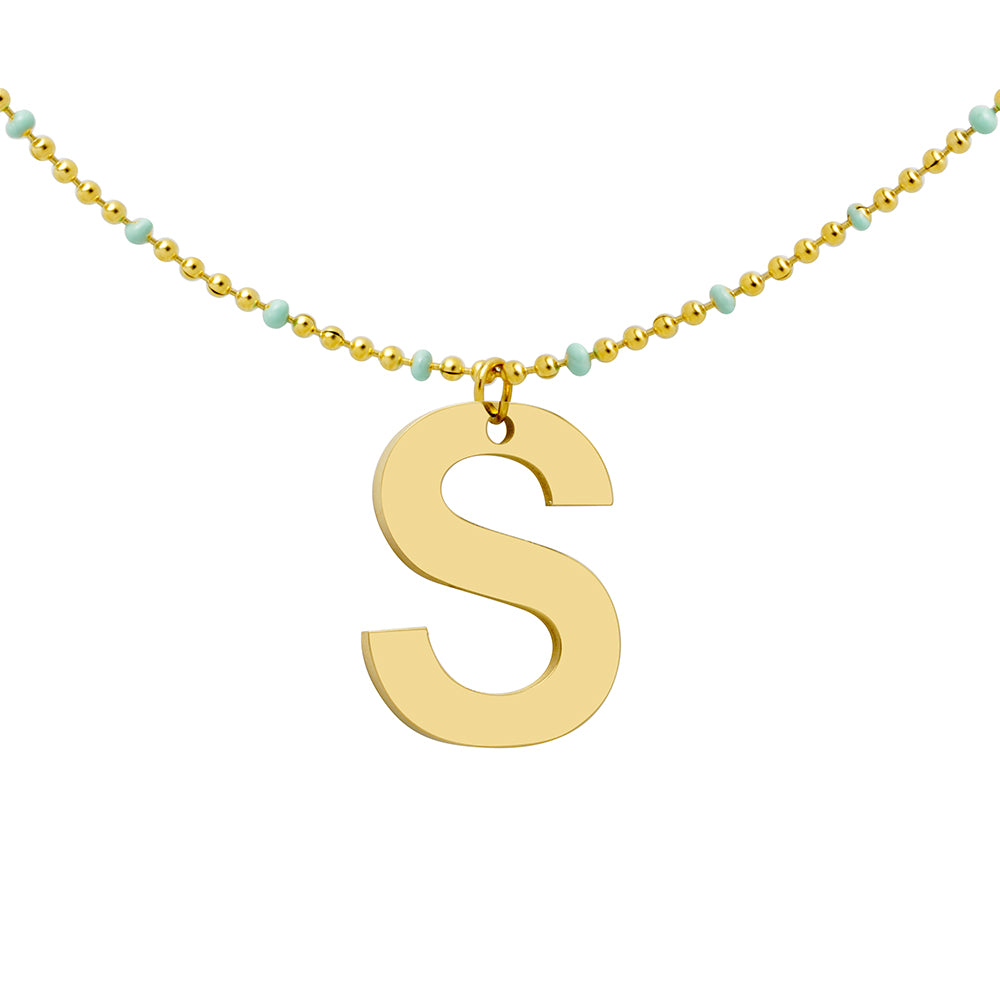 Collar Bolitas Turquesa de Acero con Inicial Grabada