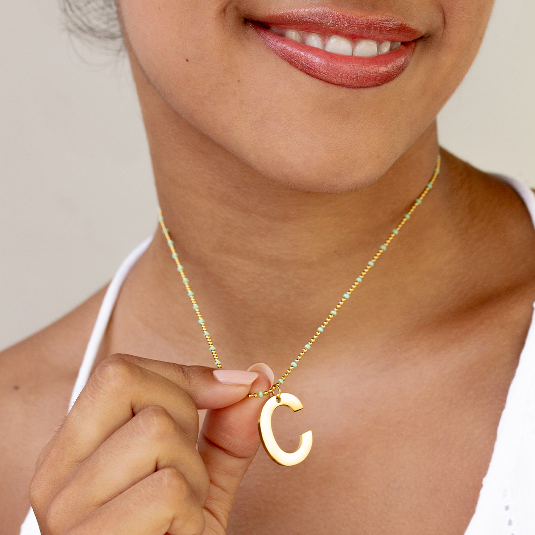 Collar Inicial Bolitas Esmalte Turquesa